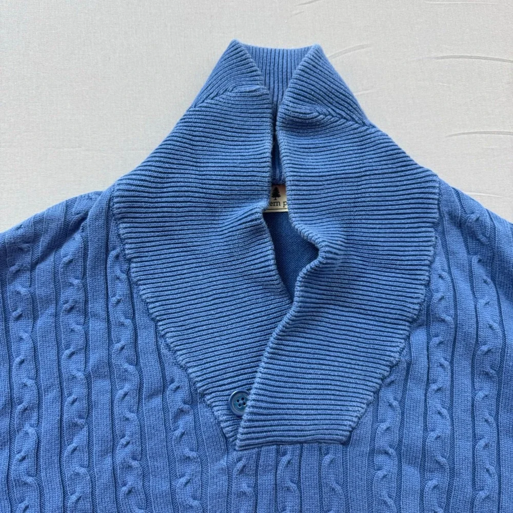 Southern Pines Mens XL Blue Cable Knit Shawl Collar Cotton Sweater Pullover